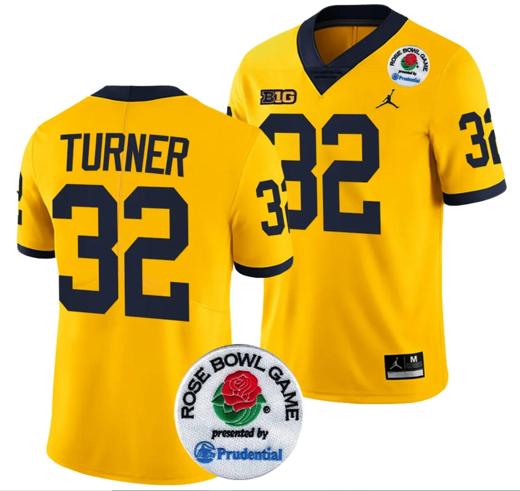 Men's James Turner Jersey #32 Michigan Wolverines Rose Bowl Game 2024 Patch College Football Playoff Maize