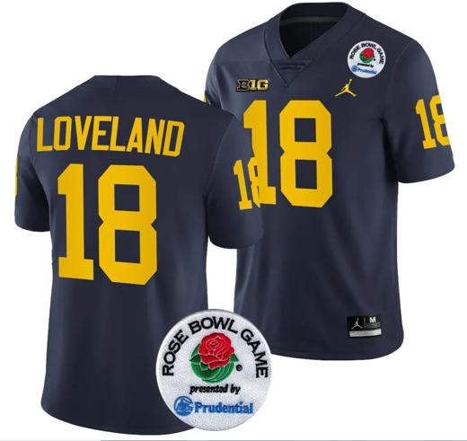 Men's Colston Loveland Jersey #18 Michigan Wolverines Rose Bowl Game 2024 Patch College Football Playoff Navy