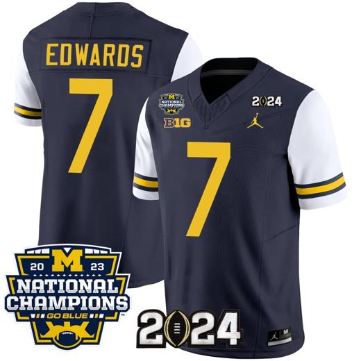 Men's Donovan Edwards Jersey #7 Michigan Wolverines Vapor Limited Football 2024 National Champions Patch White Sleeves