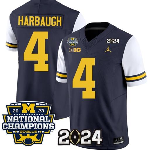 Men's Jim Harbaugh Jersey #4 Michigan Wolverines Vapor Limited Football 2024 National Champions Patch White Sleeves