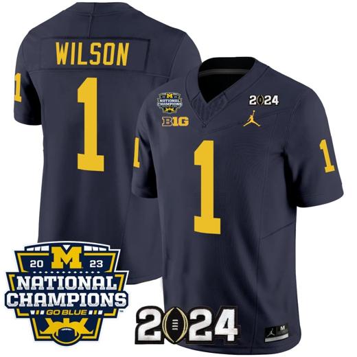 Men's Roman Wilson Jersey #1 Michigan Wolverines Vapor Limited Football 2024 National Champions Patch Navy