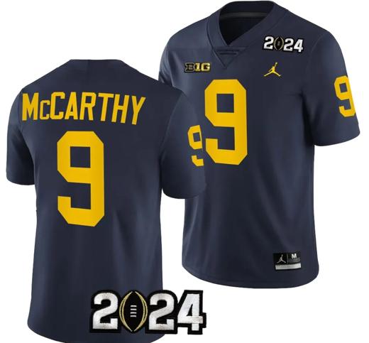 Men's JJ McCarthy Jersey #9 Michigan Wolverines 2024 Football National Championship Playoff Navy