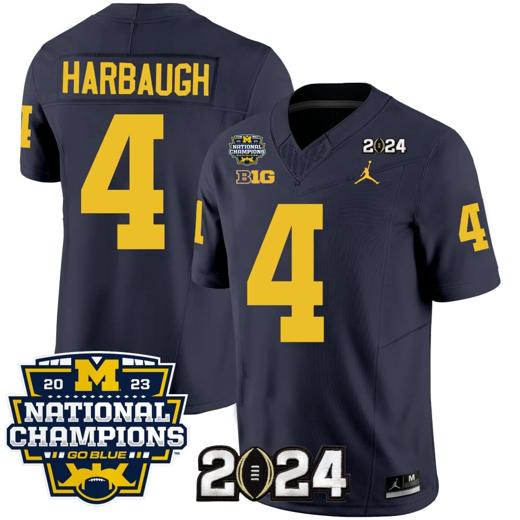 Men's Jim Harbaugh Jersey #4 Michigan Wolverines Vapor Limited Football 2024 National Champions Patch Navy