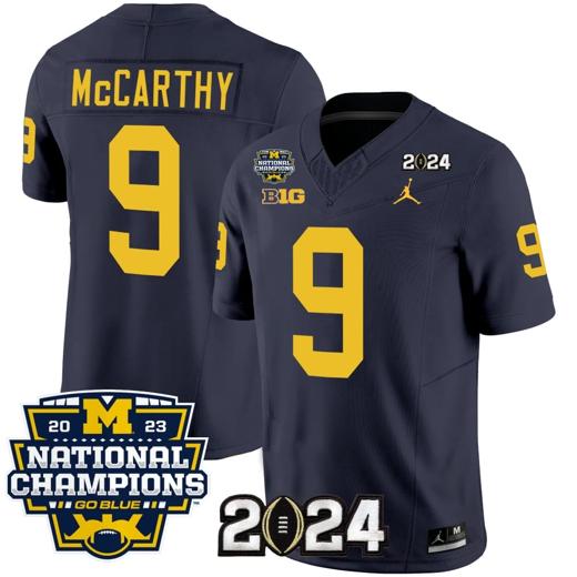 Men's JJ McCarthy Jersey #9 Michigan Wolverines Vapor Limited Football 2024 National Champions Patch Navy