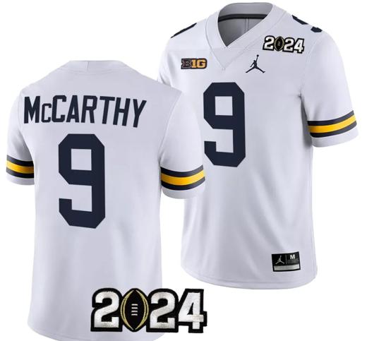 Men's JJ McCarthy Jersey #9 Michigan Wolverines 2024 Football National Championship Playoff White