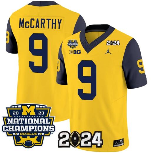 Men's JJ McCarthy Jersey #9 Michigan Wolverines Vapor Limited Football 2024 National Champions Patch Navy Sleeves