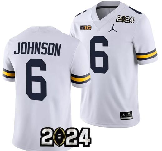 Men's Cornelius Johnson Jersey #6 Michigan Wolverines 2024 Football National Championship Playoff White