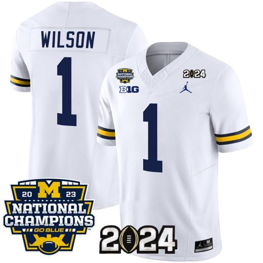 Men's Roman Wilson Jersey #1 Michigan Wolverines Vapor Limited Football 2024 National Champions Patch White