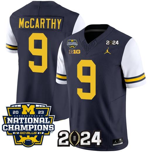 Men's JJ McCarthy Jersey #9 Michigan Wolverines Vapor Limited Football 2024 National Champions Patch White Sleeves