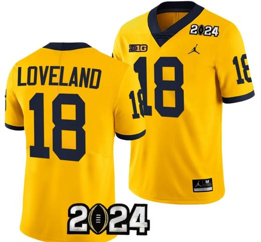 Men's Colston Loveland Jersey #18 Michigan Wolverines 2024 Football National Championship Playoff Yellow