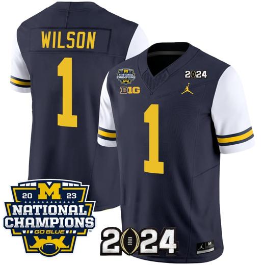 Men's Roman Wilson Jersey #1 Michigan Wolverines Vapor Limited Football 2024 National Champions Patch White Sleeves