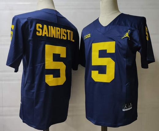 Men's Michigan Wolverines #5 Sainristil NCAA Football Jersey Navy