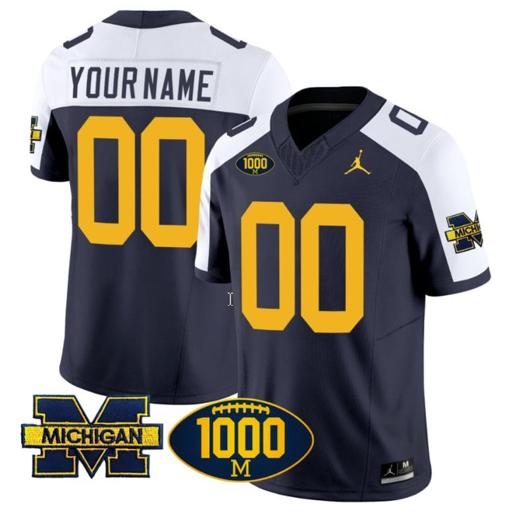 Men's Custom Michigan Wolverines Jersey Name and Number 1000 Wins Patch Vapor College Football Navy Alternate