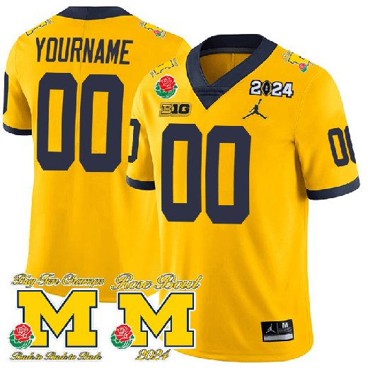 Men's Custom Michigan Wolverines Jersey Name and Number Vapor Rose Bowl + 2024 CFP + Big Ten Champs Patch Football Yellow