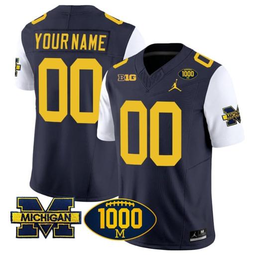 Men's Custom Michigan Wolverines Jersey Name and Number 1000 Wins Patch Vapor Limited Football White Sleeves