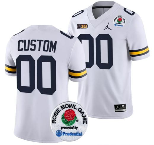 Men's Custom Michigan Wolverines Jersey Name and Number Rose Bowl Game 2024 Patch College Football Playoff White