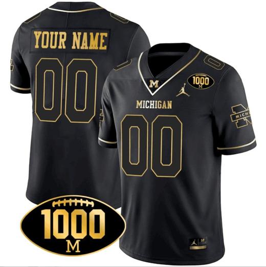 Men's Custom Michigan Wolverines Jersey Name and Number 1000 Wins Patch Football All Stitched Black Gold