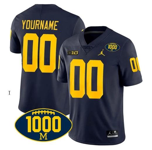 Men's Custom Michigan Wolverines Jersey Name and Number 1000 Wins Patch Football Navy