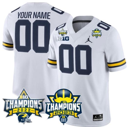 Men's Custom Michigan Wolverines Jersey Name and Number 2023 Big Ten Back to Back Champions Patch White