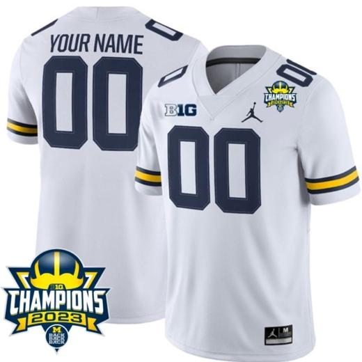 Men's Custom Michigan Wolverines Jersey Name and Number 2023 Big Ten Champions Patch White