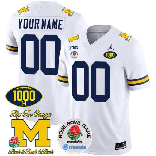 Men's Custom Michigan Wolverines Jersey Name and Number 1000 Wins Rose Bowl Patch White Sleeves