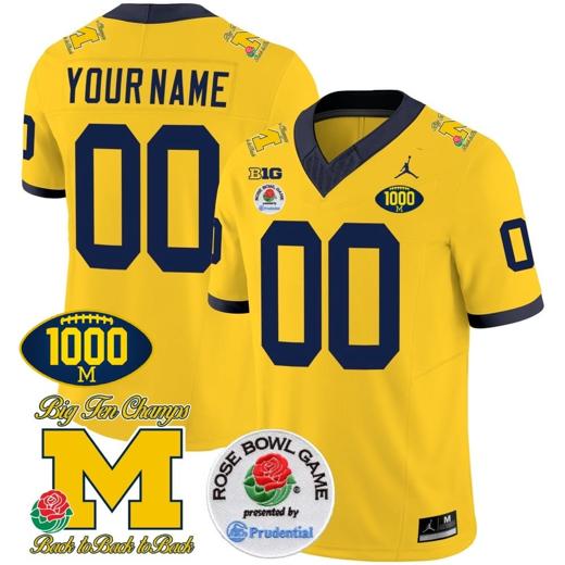 Men's Custom Michigan Wolverines Jersey Name and Number 1000 Wins Rose Bowl Patch Maize