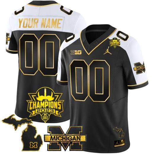 Men's Custom Michigan Wolverines Jersey Name and Number 2023 Big Ten Champions Patch Gold Alternate