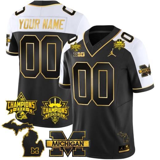 Men's Custom Michigan Wolverines Jersey Name and Number 2023 Big Ten Back to Back Champions Patch Gold Alternate