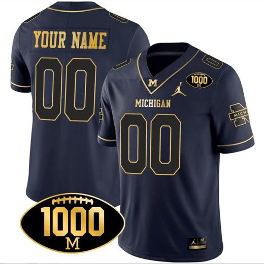 Men's Custom Michigan Wolverines Jersey Name and Number 1000 Wins Patch Football All Stitched Navy Gold