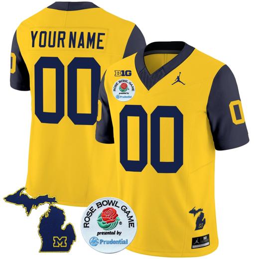 Men's Custom Michigan Wolverines Jersey Name and Number Vapor Limited Rose Bowl Patch Navy Sleeves