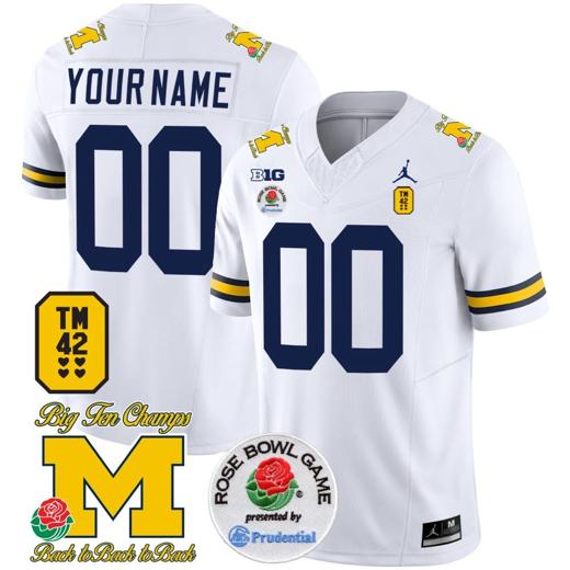 Men's Custom Michigan Wolverines Jersey Name and Number Vapor TM 42 Honor – Rose Bowl Patch Football White