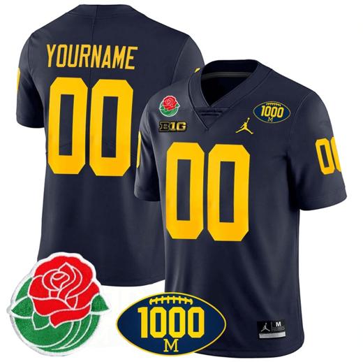 Men's Custom Michigan Wolverines Jersey Name and Number 1000 Wins & Rose Bowl Patch Special Navy