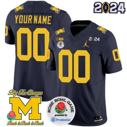 Men's Custom Michigan Wolverines Jersey Name and Number Vapor Limited 2024 College Football Bowl + Rose Bowl Patch Navy