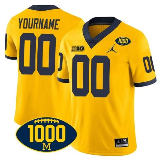 Men's Custom Michigan Wolverines Jersey Name and Number 1000 Wins Patch Football Yellow