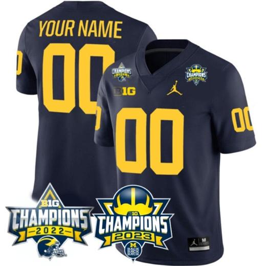 Men's Custom Michigan Wolverines Jersey Name and Number 2023 Big Ten Back to Back Champions Patch Navy