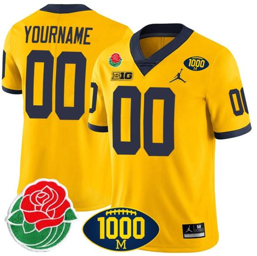 Men's Custom Michigan Wolverines Jersey Name and Number 1000 Wins & Rose Bowl Patch Special Yellow