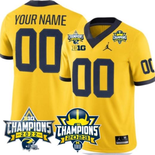 Men's Custom Michigan Wolverines Jersey Name and Number 2023 Big Ten Back to Back Champions Patch Maize