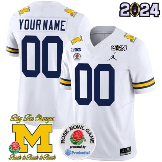 Men's Custom Michigan Wolverines Jersey Name and Number Vapor Limited 2024 College Football Bowl + Rose Bowl Patch White