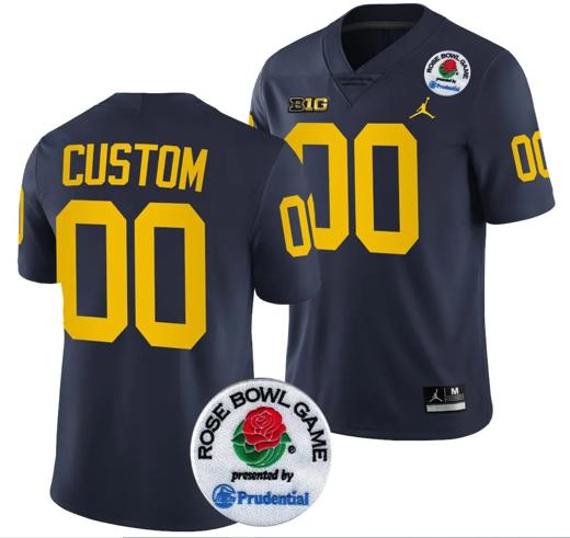 Men's Custom Michigan Wolverines Jersey Name and Number Rose Bowl Game 2024 Patch College Football Playoff Navy