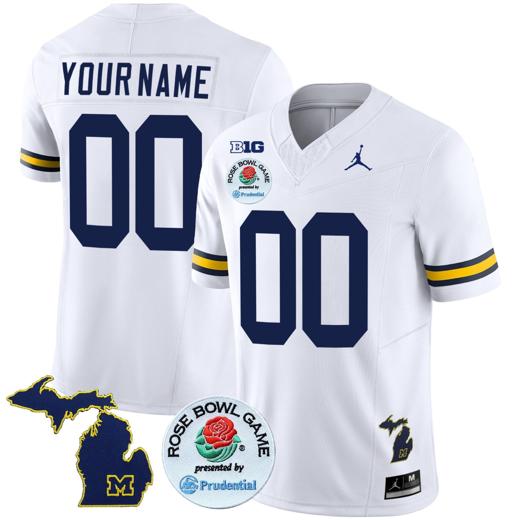 Men's Custom Michigan Wolverines Jersey Name and Number Vapor Limited Rose Bowl Patch White