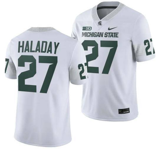 Men's Michigan State Spartans Cal Haladay Jersey #27 College Football Game 2023 White