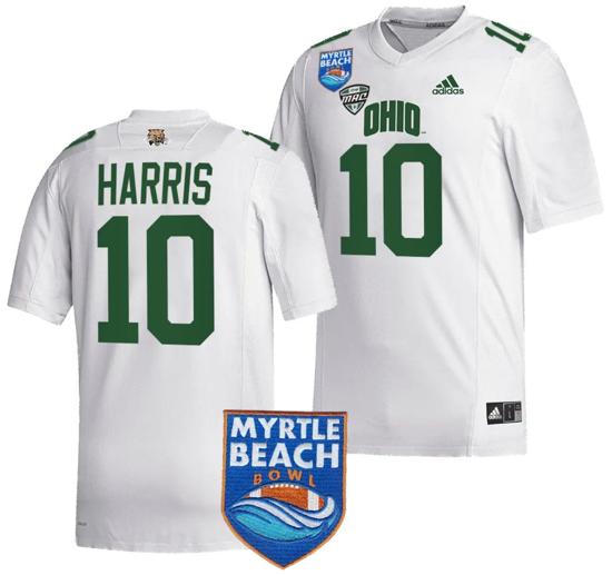 Men's CJ Harris Jersey #10 Ohio Bobcats 2023 Myrtle Beach Bowl Patch MVP Football White