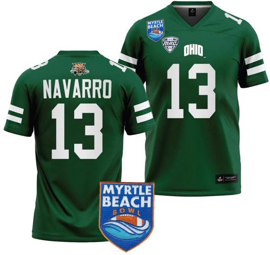 Men's Parker Navarro Jersey #13 Ohio Bobcats 2023 Myrtle Beach Bowl Patch College Football Green