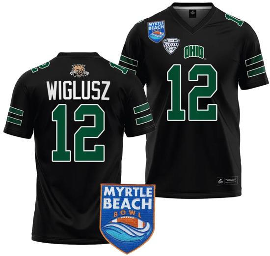 Men's Sam Wiglusz Jersey #12 Ohio Bobcats 2023 Myrtle Beach Bowl Patch College Football Black