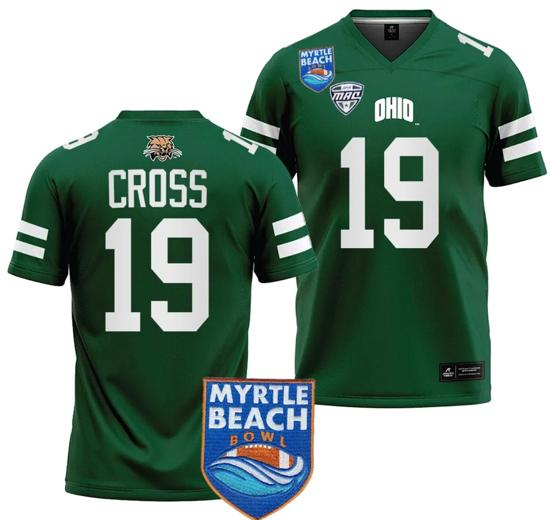 Men's Miles Cross Jersey #19 Ohio Bobcats 2023 Myrtle Beach Bowl Patch College Football Green