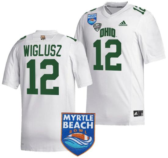 Men's Sam Wiglusz Jersey #12 Ohio Bobcats 2023 Myrtle Beach Bowl Patch MVP Football White