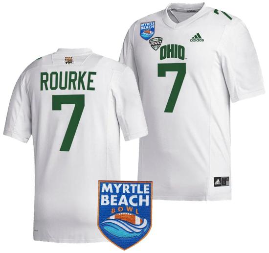 Men's Kurtis Rourke Jersey #7 Ohio Bobcats 2023 Myrtle Beach Bowl Patch MVP Football White