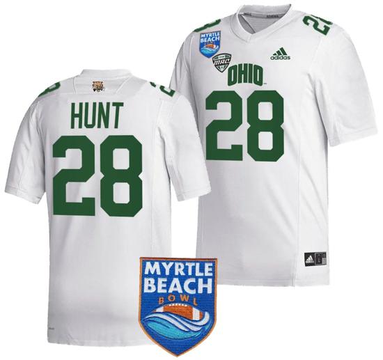 Men's Rickey Hunt Jersey #28 Ohio Bobcats 2023 Myrtle Beach Bowl Patch MVP Football White