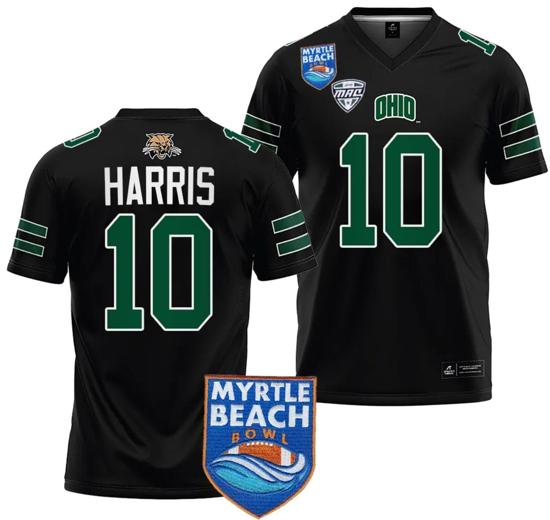 Men's CJ Harris Jersey #10 Ohio Bobcats 2023 Myrtle Beach Bowl Patch College Football Black