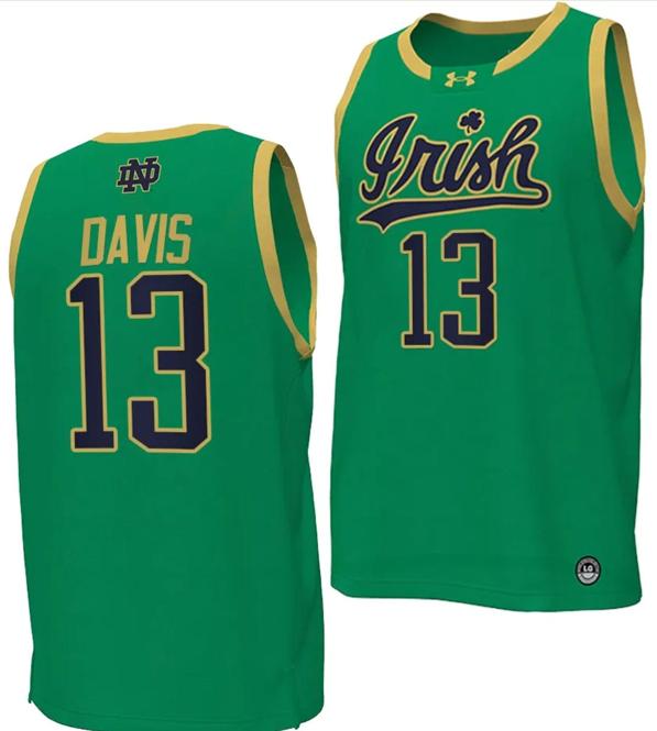 Men's Tae Davis Jersey #13 Notre Dame Fighting Irish Basketball uniform Green